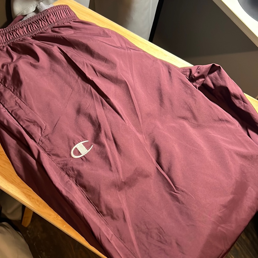 Maroon and Champion pants, tracksuit type material, size large, never worn.